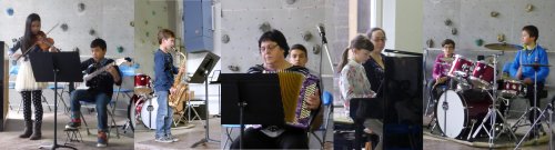 Quelques élèves en guitare, saxophone, violon, accordéon, piano et batterie.